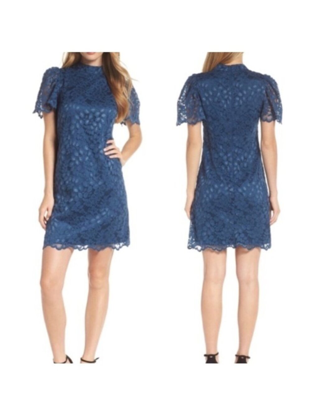 Eliza J Blue Lace Mock‎ Neck Flutter Sleeve Shift Dress Size 4 Wedding Nordstrom